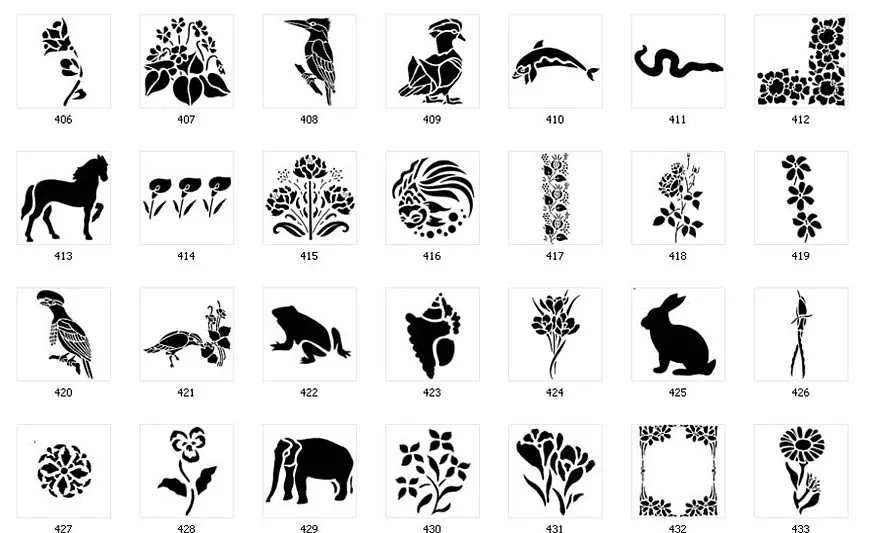 Nature stencil designs. Floral designs, dolphin, snake, elephant