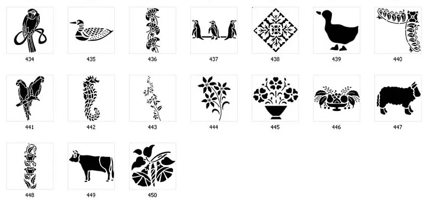 Nature stencil designs. Floral designs, flowers in pots, parrot, seahorse