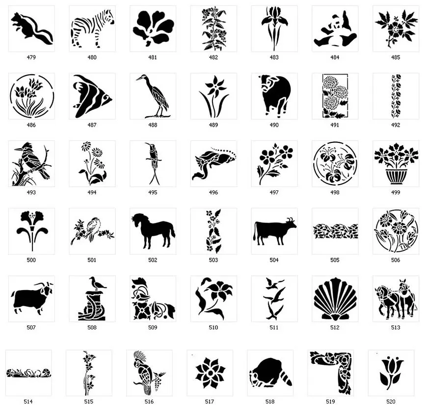 Nature stencil designs. Floral designs, bordersshire horses, zebra, fish,shell