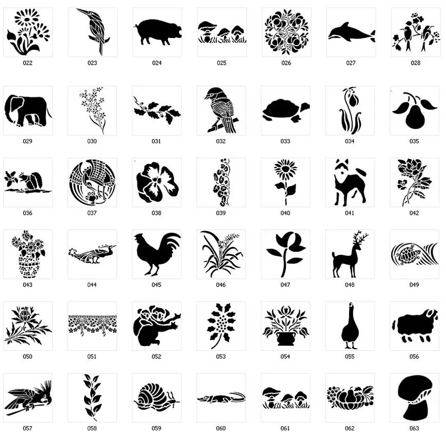 Nature stencil designs. Floral designs, borders, flowers, mushrooms, kingfisher, peacock, koalas, snail p