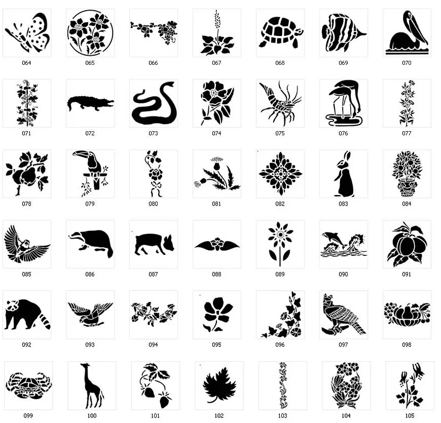 Nature stencil designs. Flowers, giraffe, badger, owl, dolphins, turtle, fish