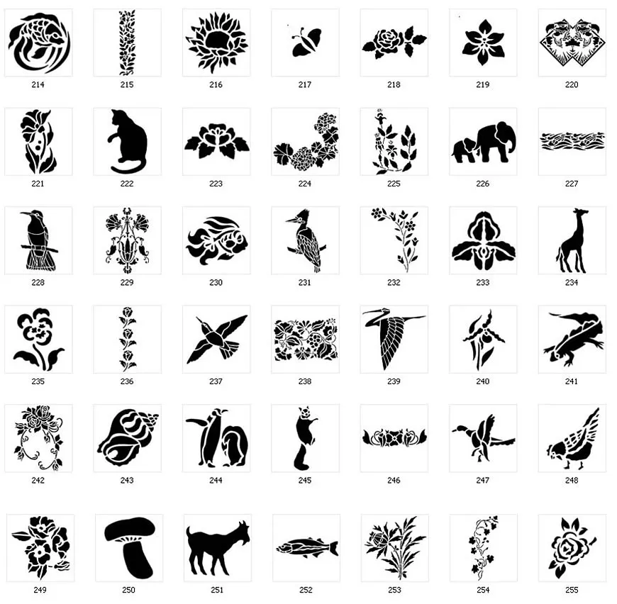 Nature stencil designs. Floral designs, borders, flowers, cat, penguins, goat