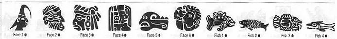 A selection of Meso Deko tribal symbols, face, fish