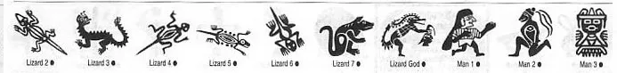 A selection of Meso Deko tribal symbols, lizard, man, god