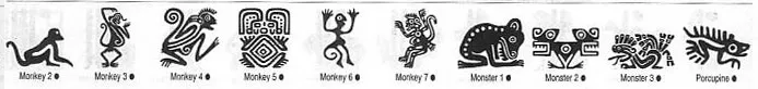 A selection of Meso Deko tribal symbols, monkey, monster