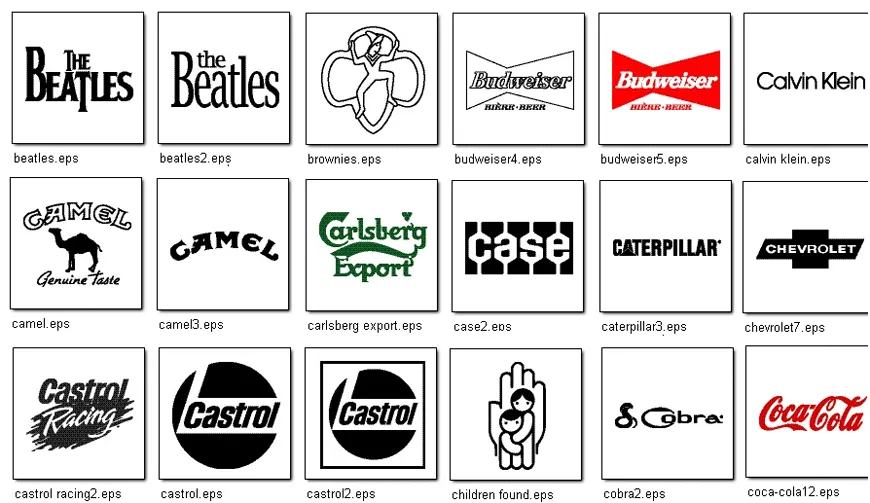 A collection of famous logos Beatles, Camel, Brownies, Caterpillar