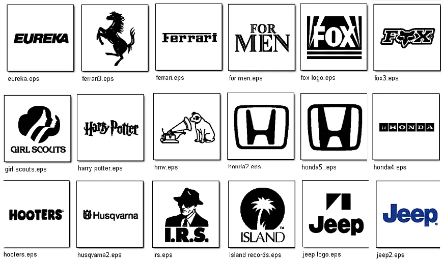 A collection of famous logos, Ferrari, Honda, Jeep, Harry Potter