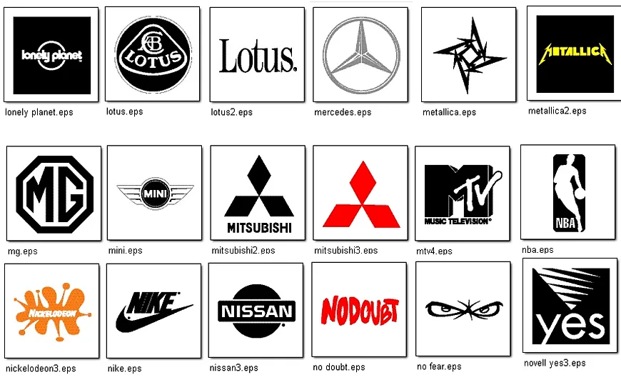 A collection of famous logos, lotus. mercedes-benz, mini, nike, nissan, mitsubishi
