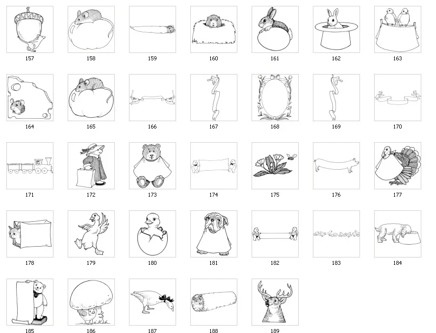 Fun animal illustrations, mouse, rabbit, pig, turkey, duck, goose, stag