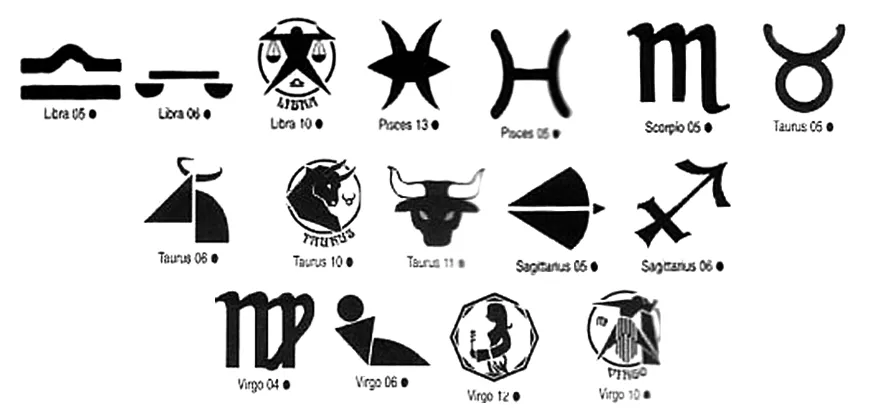 Zodiac and star sign symbols and designs