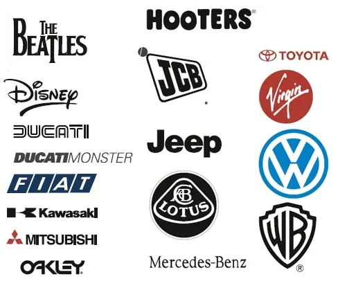 A selection of famous logos, Beatles, Disney, Ducati, JCB, Jeep
