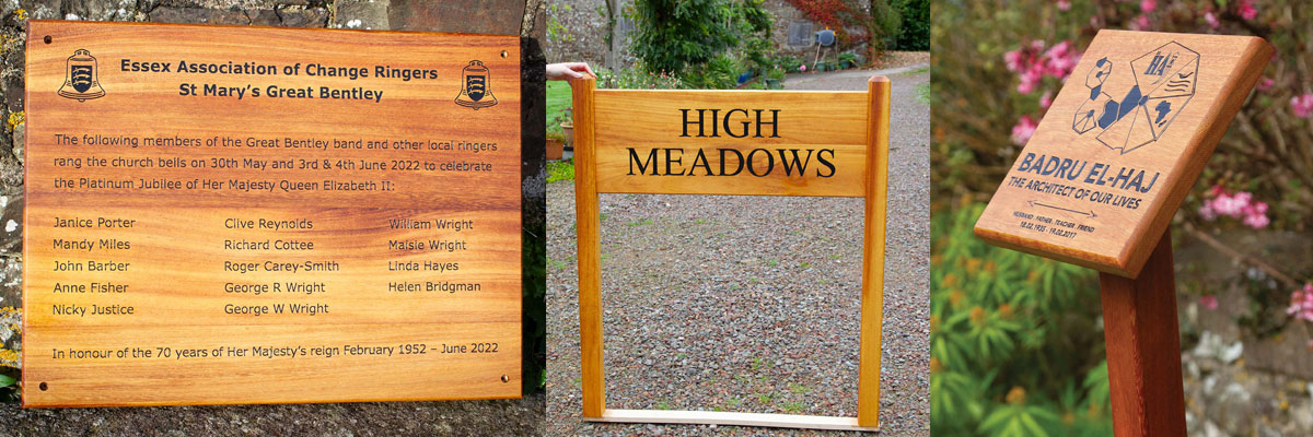 Beautiful, rich coloured Iroko signs and memorials crafted by The Sign Maker.