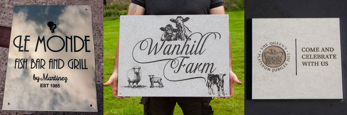 Engraved signs for businesses in a range of materials including brass, stainless steel and corian. 