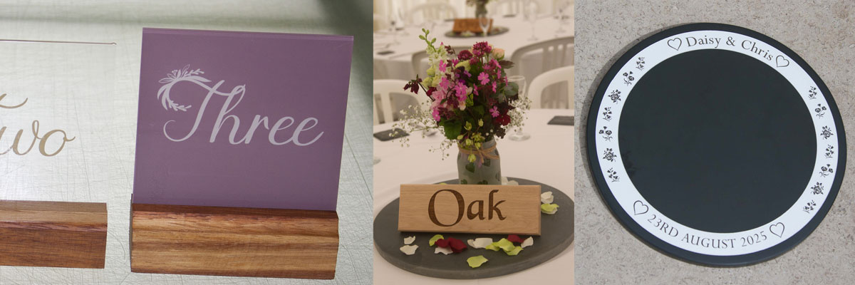 Bespoke table centres and wedding cake stands crafted by The Sign Maker. 