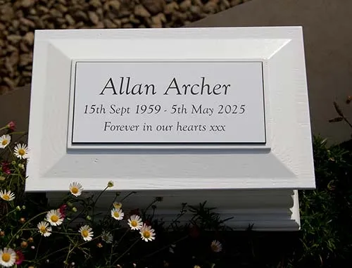 White Engraved Plaque on White Oak Casket