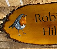 Hand painted robin image on rustic timber.