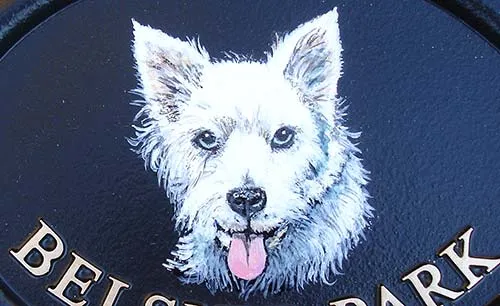 Your dog hand painted onto your house sign. Dog House Sign