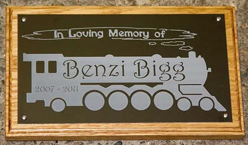 Plaque made from engraved anodised aluminium.d  Childs Train Memorial Plaque