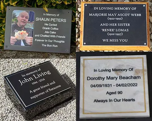 These engraved plaques with the help of a tree stake are ideal for grave markers. Selection of Engraved Plaques