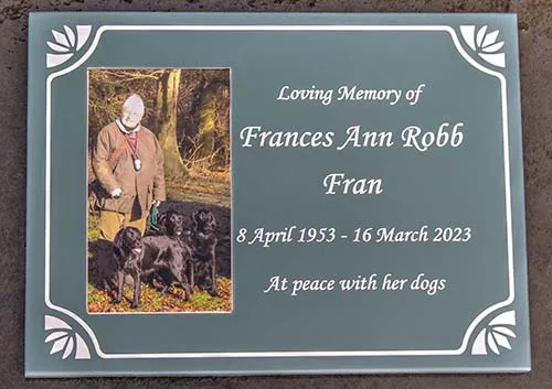 Stone-like corian is a very durable material for engraved memorial plaques. Engraved Corian Memorial Plaque With Photo