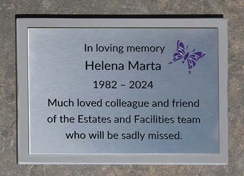 Stainless Steel Memorial on Corian Backing Board.