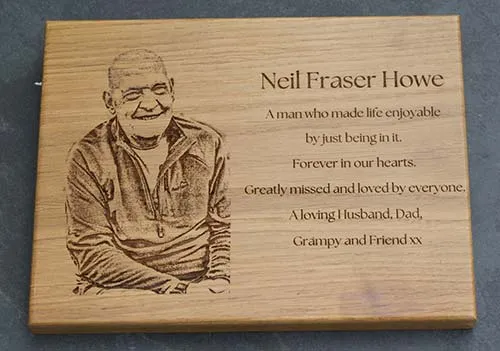 Good quality photos can be lasered into the wood. Wooden Memorial Plaque