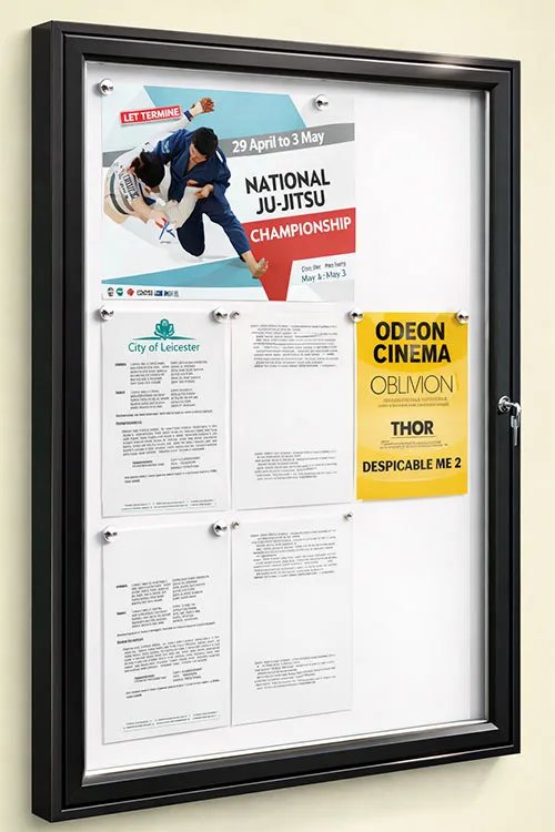 Lockable outdoor notice board.