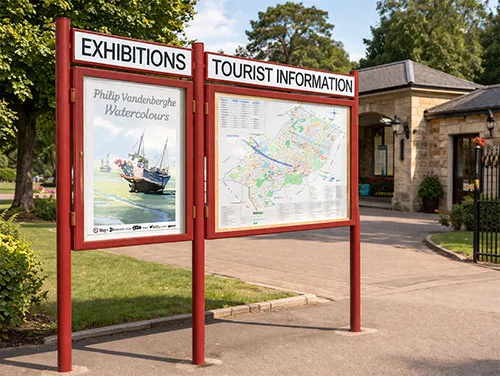 Freestanding information boards outside park entrance buildings