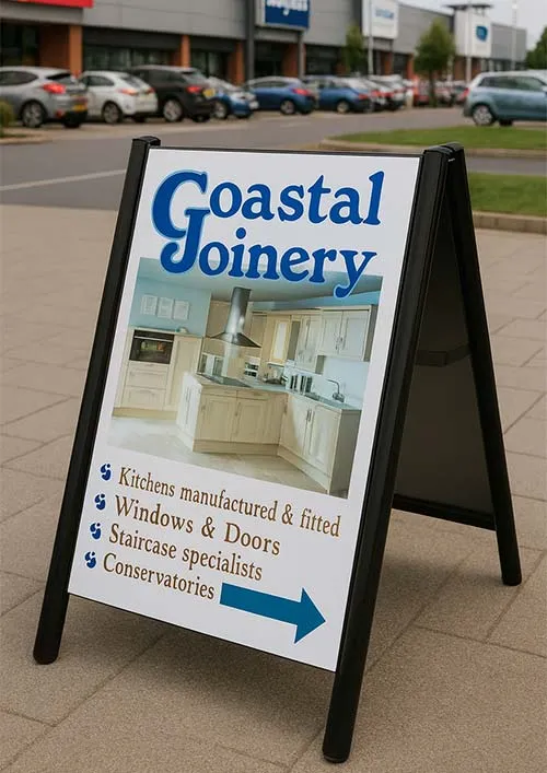 title here Commercial-grade pavement sign with full colour printed graphics.