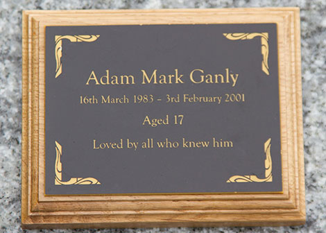 Black & gold memorial plaque on a backing board.