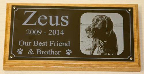 Photo on black engraved memorial plaque plaque