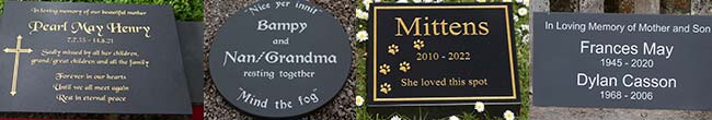 Granite and slate memorials, plaques, tablets and wedges.