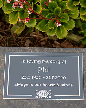 Grey memorial plaque using 1.6mm acrylic laminate.