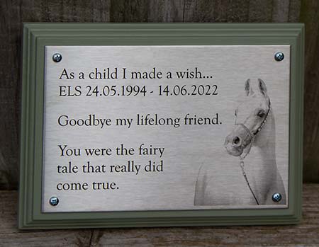 Stainless steel horse memorial plaque.