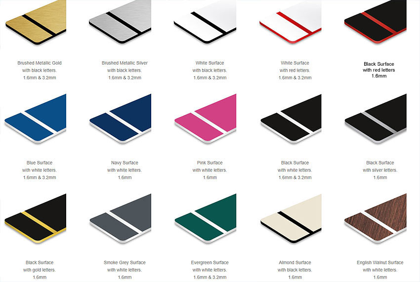 Coloours for acrylic laminate engraved plaques.