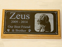 Black anodised aluminium plaque with dog photo.