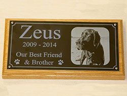 Black anodised aluminium plaque with dog photo. Black anodised aluminium plaque with dog photo.