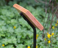 Wrought iron tree stake with wooden backing board. Wrought iron tree stake with wooden backing board.