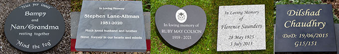 Stone memorial tablets in slate and granite.