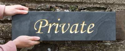Privte sign made in slate - font Liffey Script, Letter colour - gold , Size 500mm x 140mm