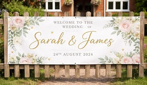 Printed PVC wedding banner displayed outside a venue