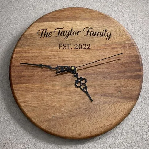 You choose your own wording and font. Personalsed Wooden Clock