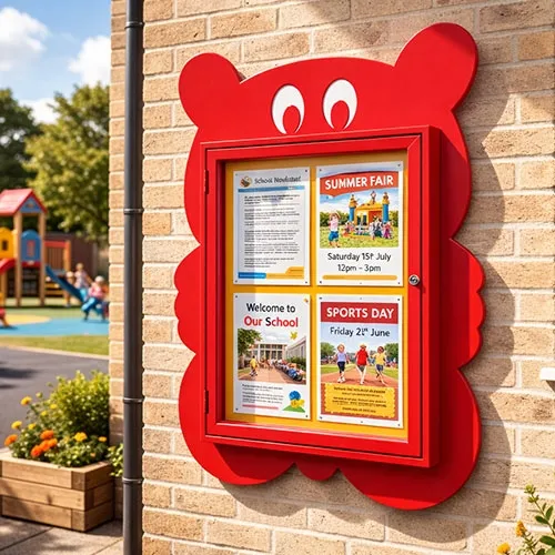 Available in 3 colours Outdoor school notice board with vandal resistant glazing