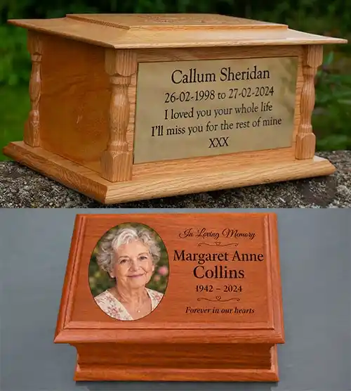 Caskets with plaques are also available. Ashes Casket with Laser Engraved Top