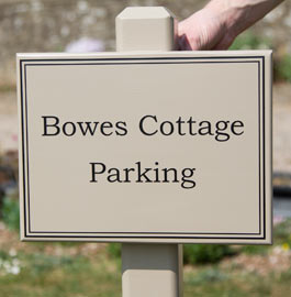 Painted wooden sign on a post - colour Farrow and Ball London Stone. Ref 2003.LW.046